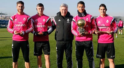 بالفيديو.. لاعبو ريال مدريد يحتفلون برونالدو وراموس وجيمس وكروس